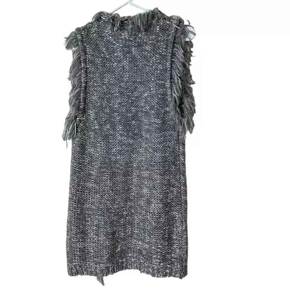 Women's Cable Knit Fringe Maxi Sweater Vest Gray White Silver S/M L/XL